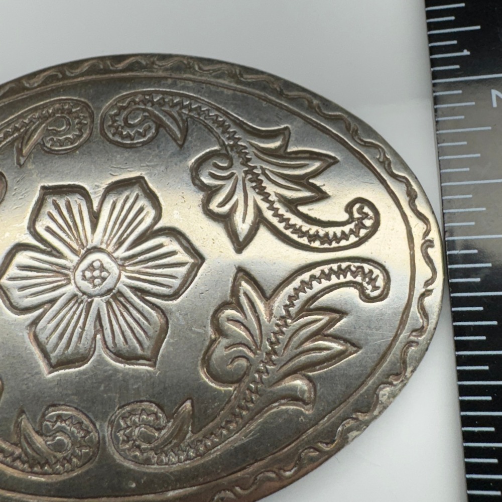 Oval Western Floral Etched Belt Buckle Silver Tone‎ Vintage Cowboy Accessory - Picture 5 of 11